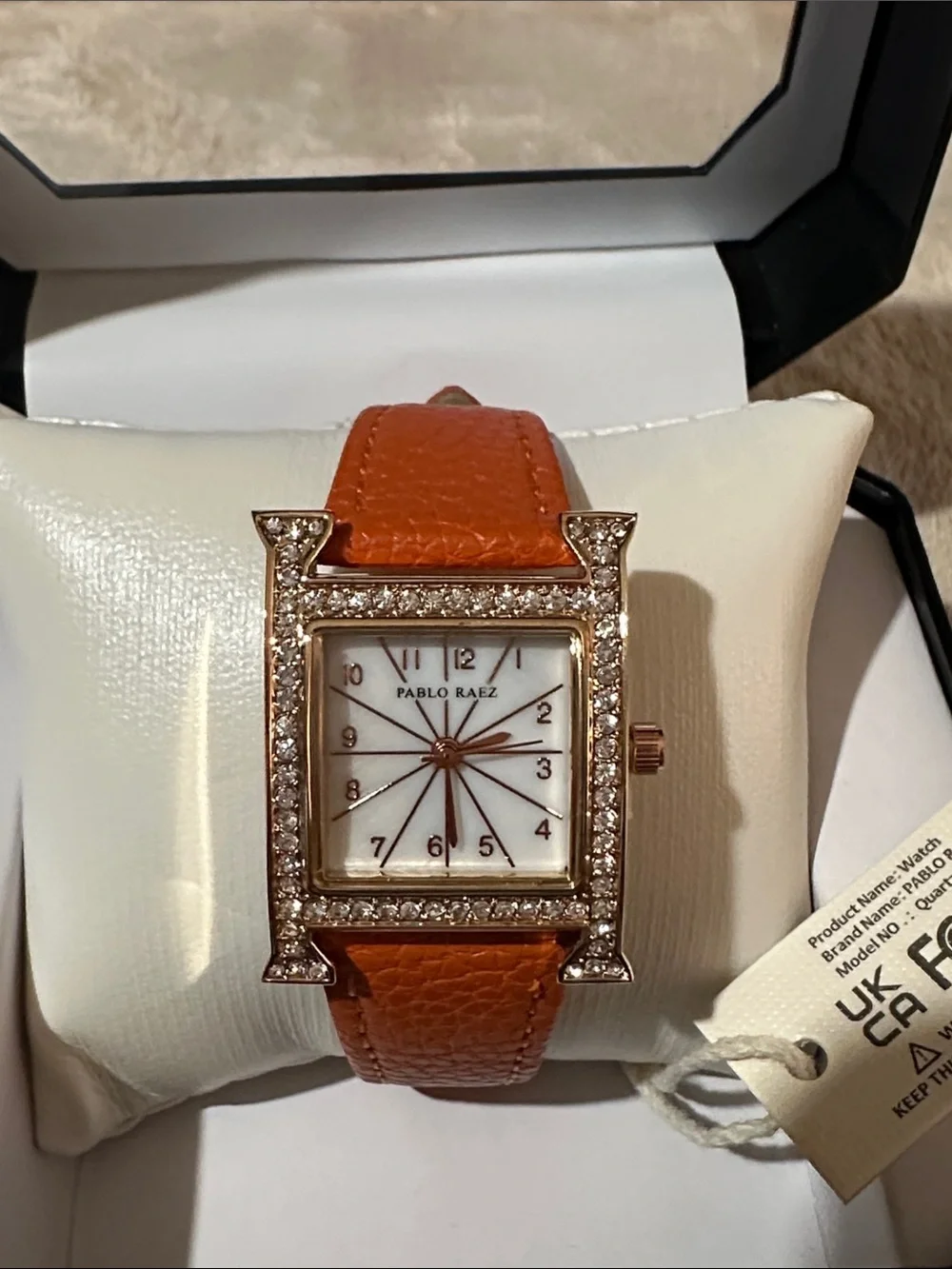 Women's Orange Leather Crystal-Trim Watch